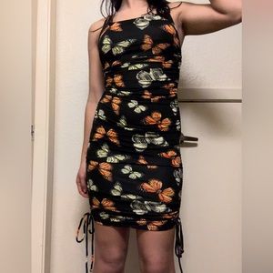 Forever 21 black, yellow, and orange butterfly cinch dress